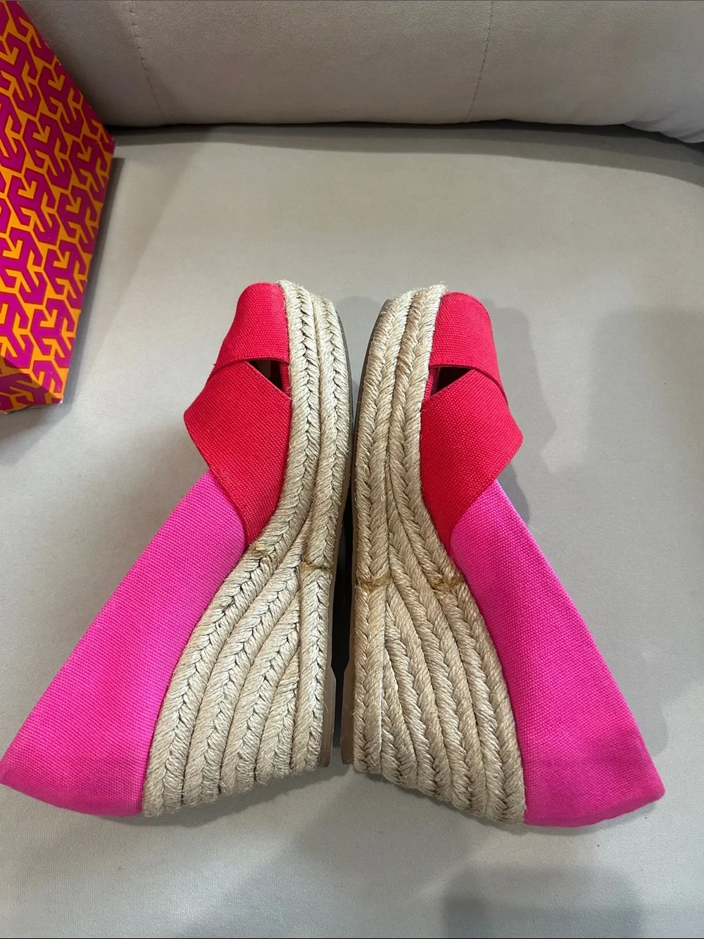 Tory Burch Two-Tone Pink and Red Canvas Wedge Espadrille
